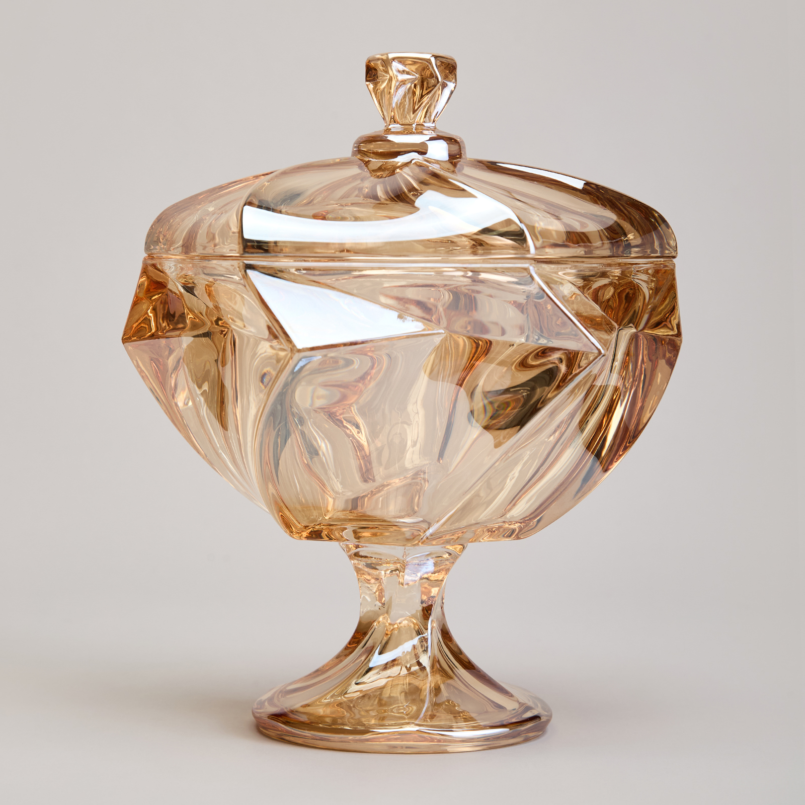 БЛЮДО С КРЫШКОЙ НА НОЖКЕ, BOHEMA, AMBER ДИАМЕТР=17 СМ ВЫСОТА=15, 5 СМ