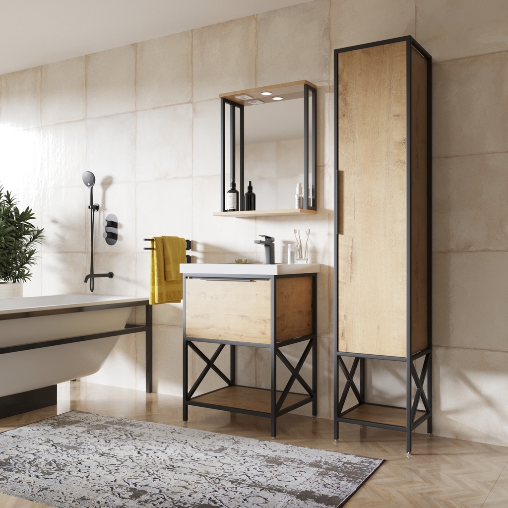 Тумба д/ванной, БРУКЛИН-60,  ОТДЕЛЬНО ПРИОБРЕТАЕТСЯ РАКОВИНА Дуб Бунратти под раковину Fest 60, Sanita Luxe ЛОФТ, ЛДСП, раковина в комплект не входит