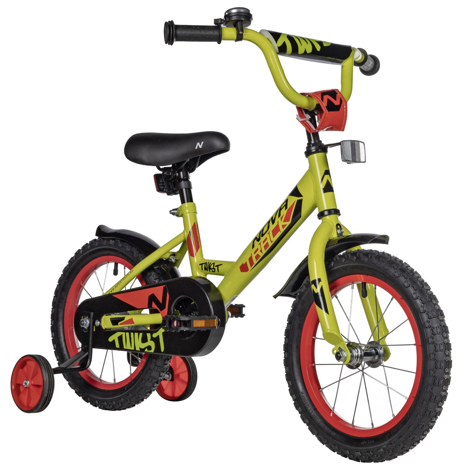 Велосипед NOVATRACK 14, TWIST зеленый, тормоз нож, крылья корот, полная защ.цепи