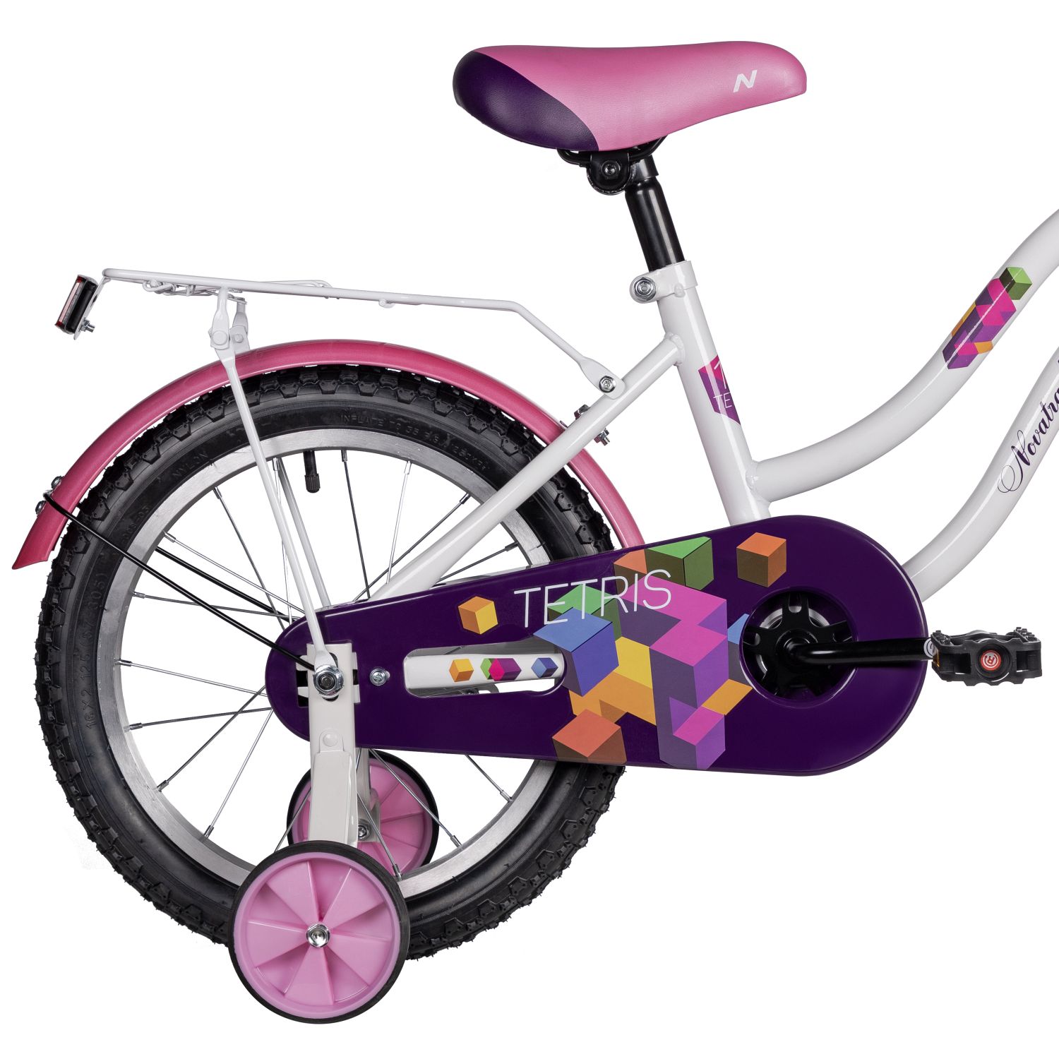 Велосипед NOVATRACK 16, TETRIS белый, тормоз нож, крылья цвет, багажник, корзина, полная защ.цепи
