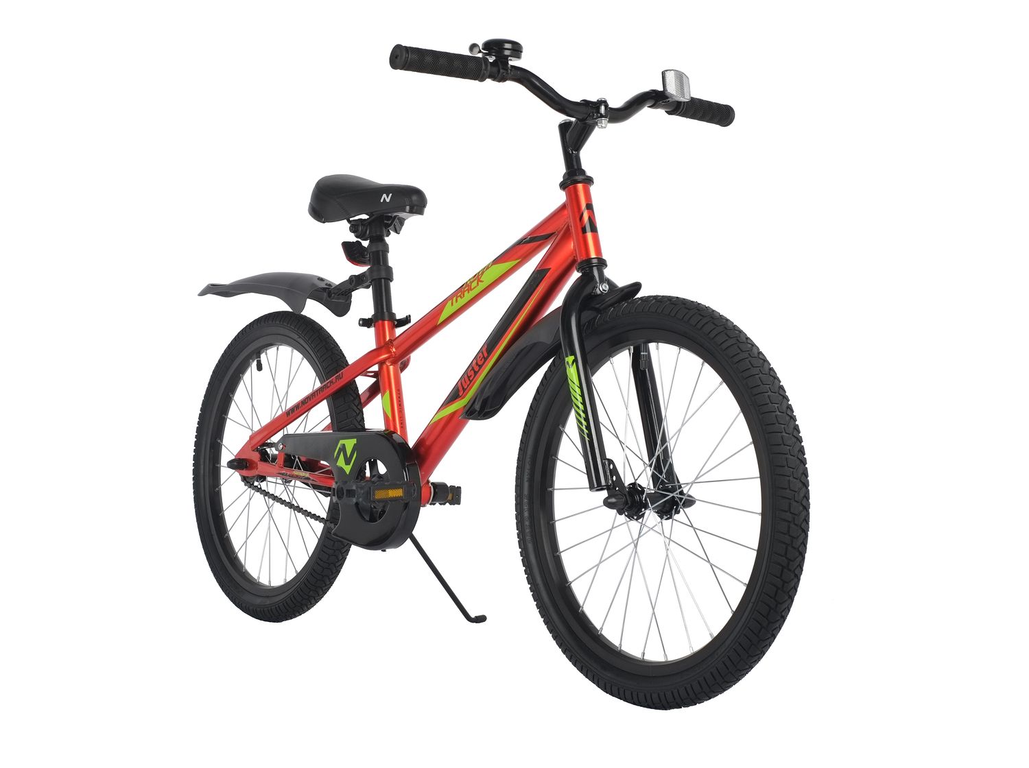 Велосипед NOVATRACK 20,  JUSTER, красный, тормоз ножной, защита А-тип, пластиковые крылья