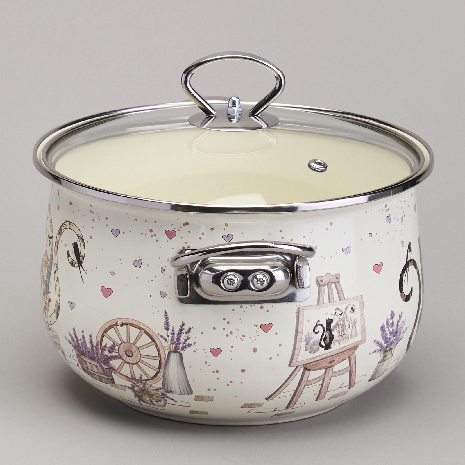 КАСТРЮЛЯ AGNESS ЭМАЛИРОВАННАЯ СО СТЕКЛЯННОЙ КРЫШКОЙ СЕРИЯ, LAVANDER CATS,  3, 8 Л ДИА. 22СМ