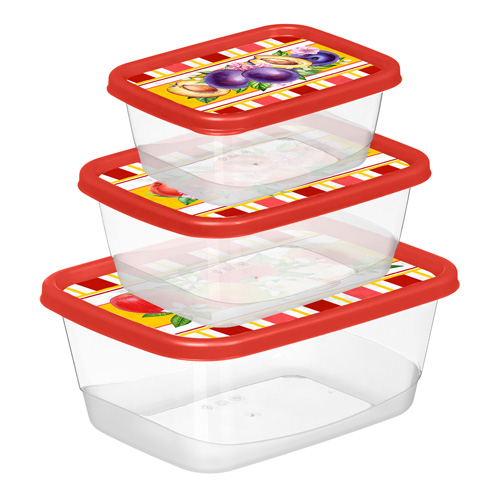 Комплект контейнеров для продуктов Homver 223136006/04, прямоугольные 3 шт, 0.5 л, 0.85 л, 1.5 л, с декором Сицилия красный