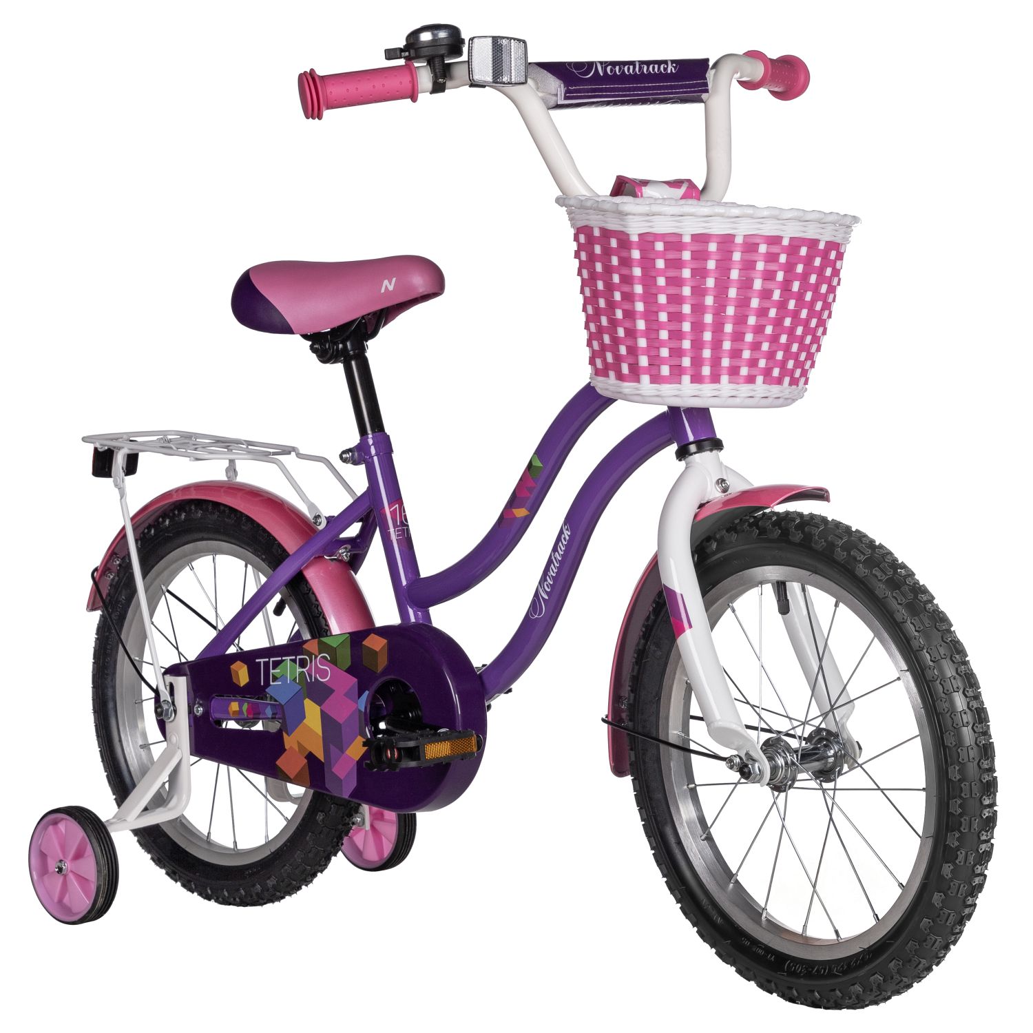 Велосипед NOVATRACK 16, TETRIS фиолетовый, тормоз нож, крылья цвет, багажник, корзина, полная защ.це