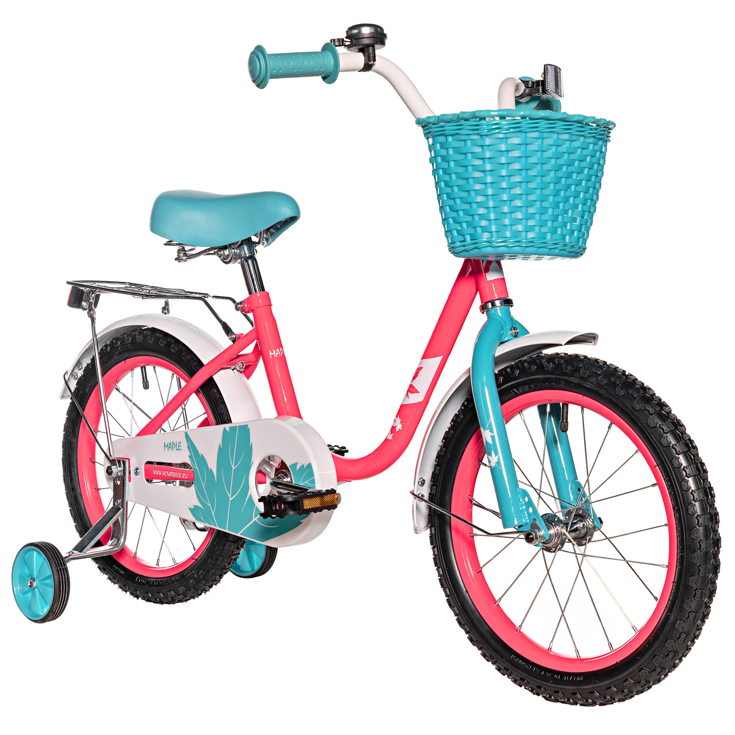 Велосипед NOVATRACK 16, MAPLE, неон розовый, полная защита цепи, тормоз нож., крыл, багажн, пер.кор