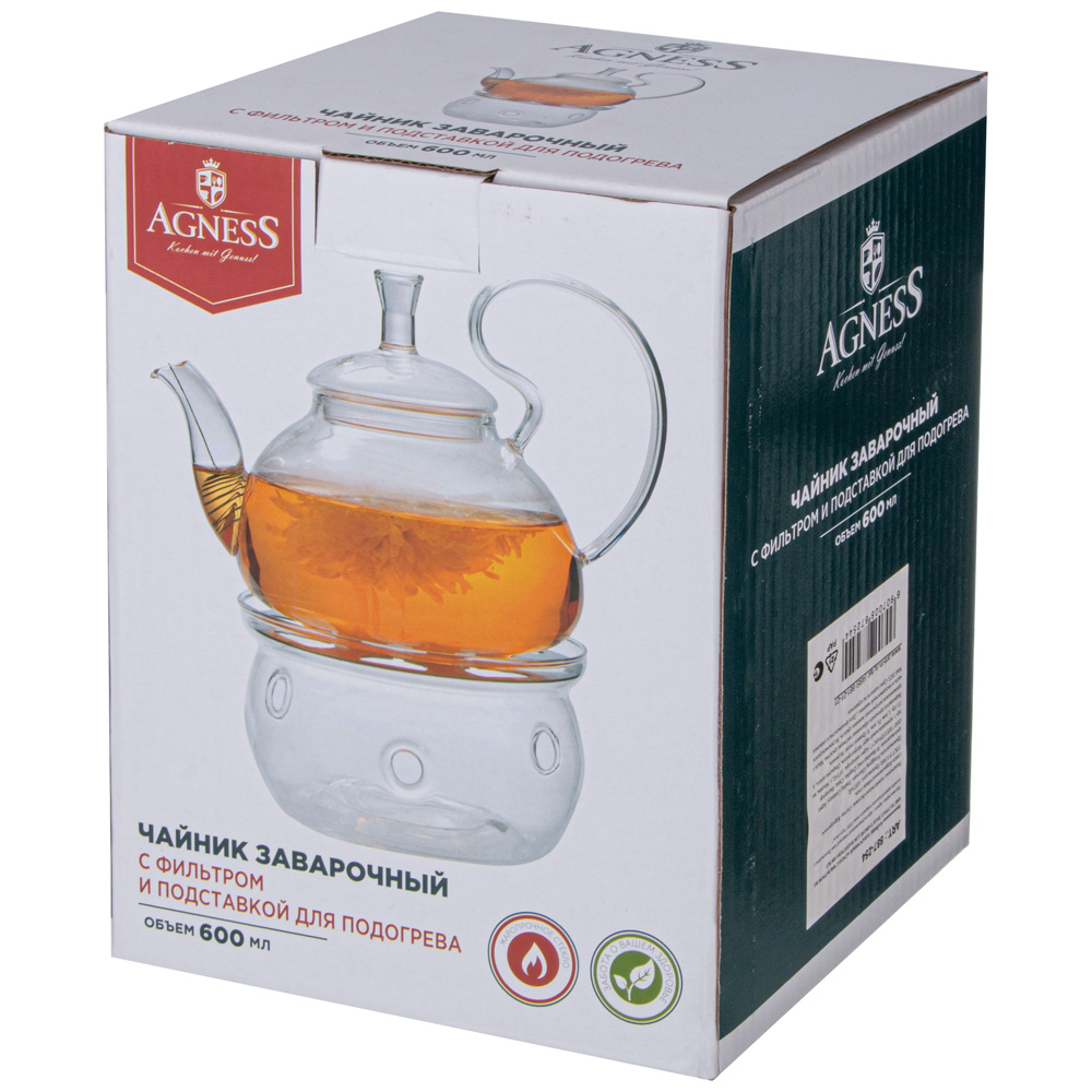 ЧАЙНИК ЗАВАРОЧНЫЙ AGNESS С ФИЛЬТРОМ ИЗ НЖС И СТЕКЛ. ПОДСТАВКОЙ ДЛЯ ПОДОГРЕВА 600 МЛ, КОР=18 НАБОР.