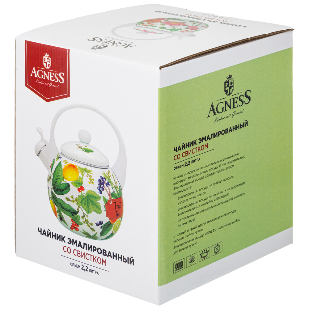 ЧАЙНИК AGNESS ЭМАЛИРОВАННЫЙ СО СВИСТКОМ СЕРИЯ, ФРУКТОВАЯ КОРЗИНА,  2, 2Л, ИНДУКЦИОННОЕ ДНО