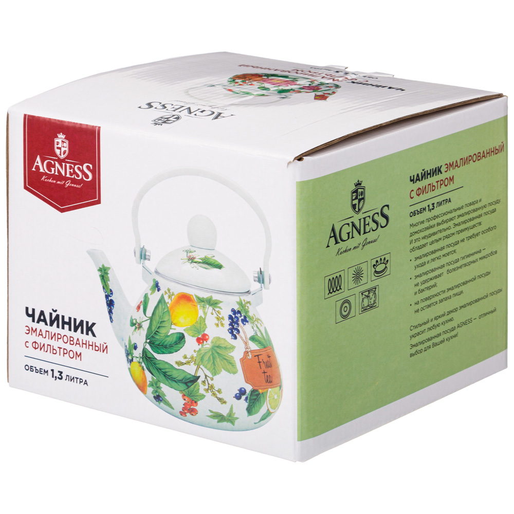 ЧАЙНИК AGNESS ЭМАЛИРОВАННЫЙ СЕРИЯ, ФРУКТОВАЯ КОРЗИНА,  1, 3 Л