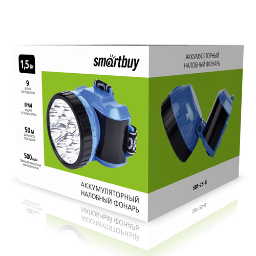 Фонарь налобный 8+1 диод аккум. Smartbuy, SBF-25-B, 1/120