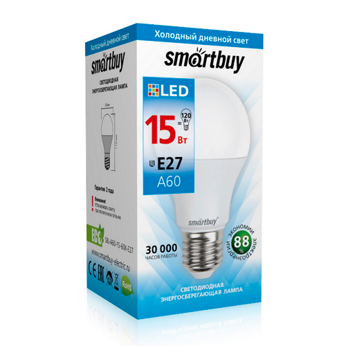 Лампочка светодиодная E27 15Вт 6000К Smartbuy шар, 10/100