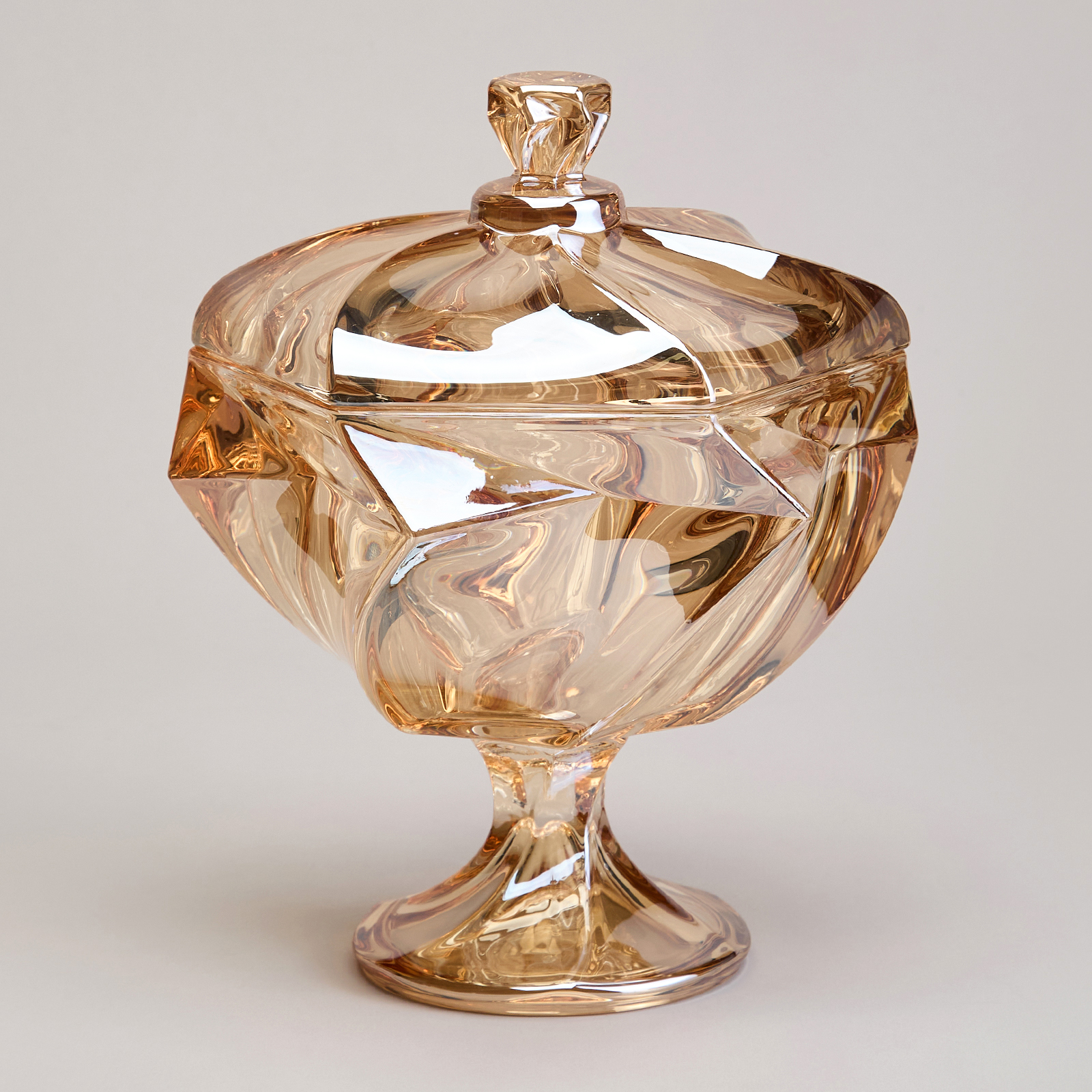 БЛЮДО С КРЫШКОЙ НА НОЖКЕ, BOHEMA, AMBER ДИАМЕТР=17 СМ ВЫСОТА=15, 5 СМ