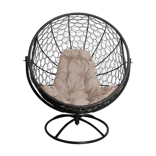 Вращающееся кресло ГАГАРИН с ротангом, чёрное, бежевая подушка