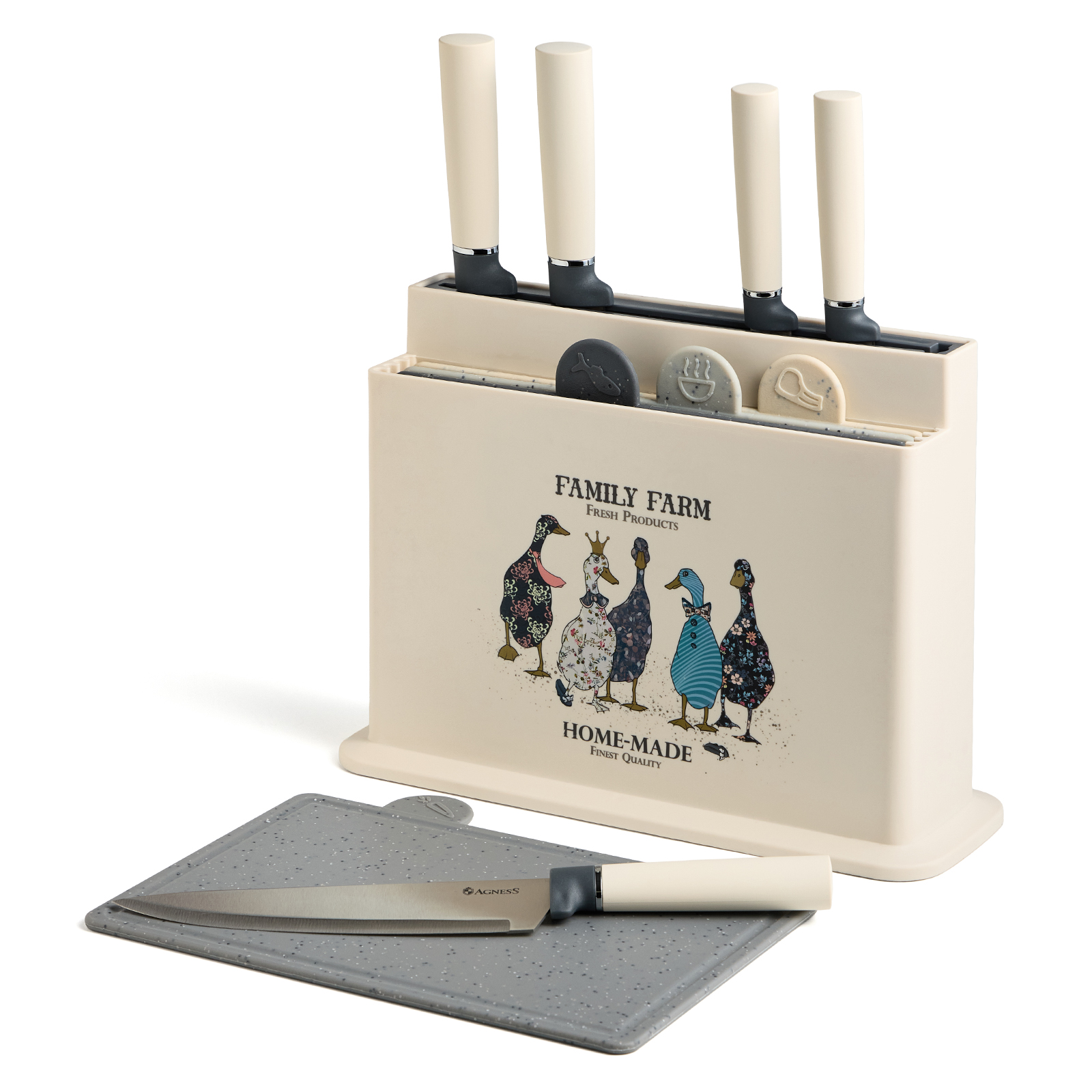 НАБОР AGNESS ИЗ 10ПР: 5 НОЖЕЙ, 4 ДОСКИ И ПОДСТАВКА, СЕРИЯ, FAMILY FARM,