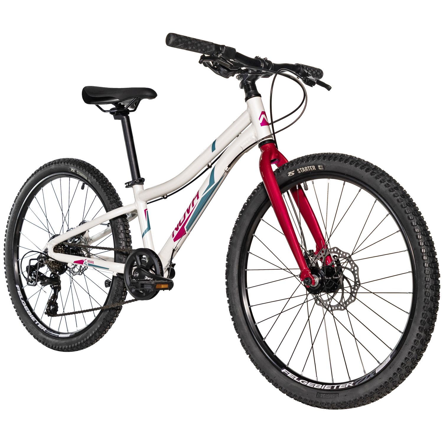 Велосипед NOVATRACK 24, NOVARA алюм.рама 10, белый, 6-скор, TY300/TS38/TZ500I, диск.торм.STG, жёсткая