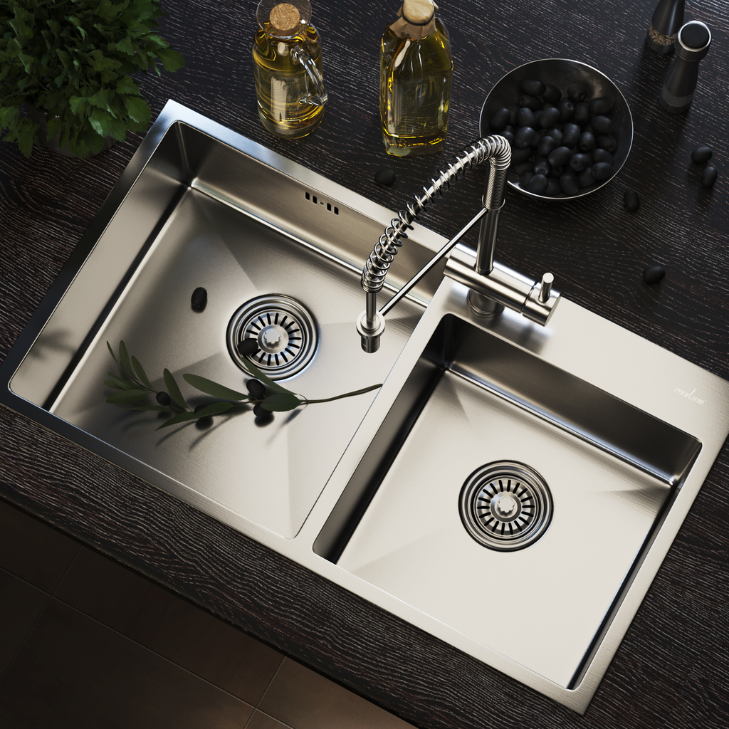 Мойка настол.монтаж 72х40, 3, 0 2-х ЧАШЕВАЯ вып 3 1/2 MIXLINE PRO 22см с сифоном, сатин