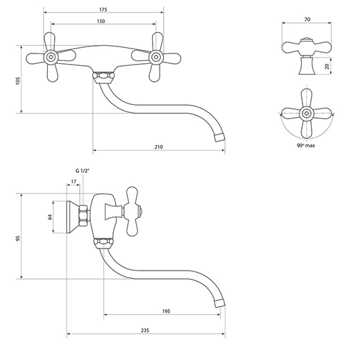 Смеситель для кухни СЛАВЕН СЛ-ДВ-О24 настенный, двурукий хром, латунь, 1/12
