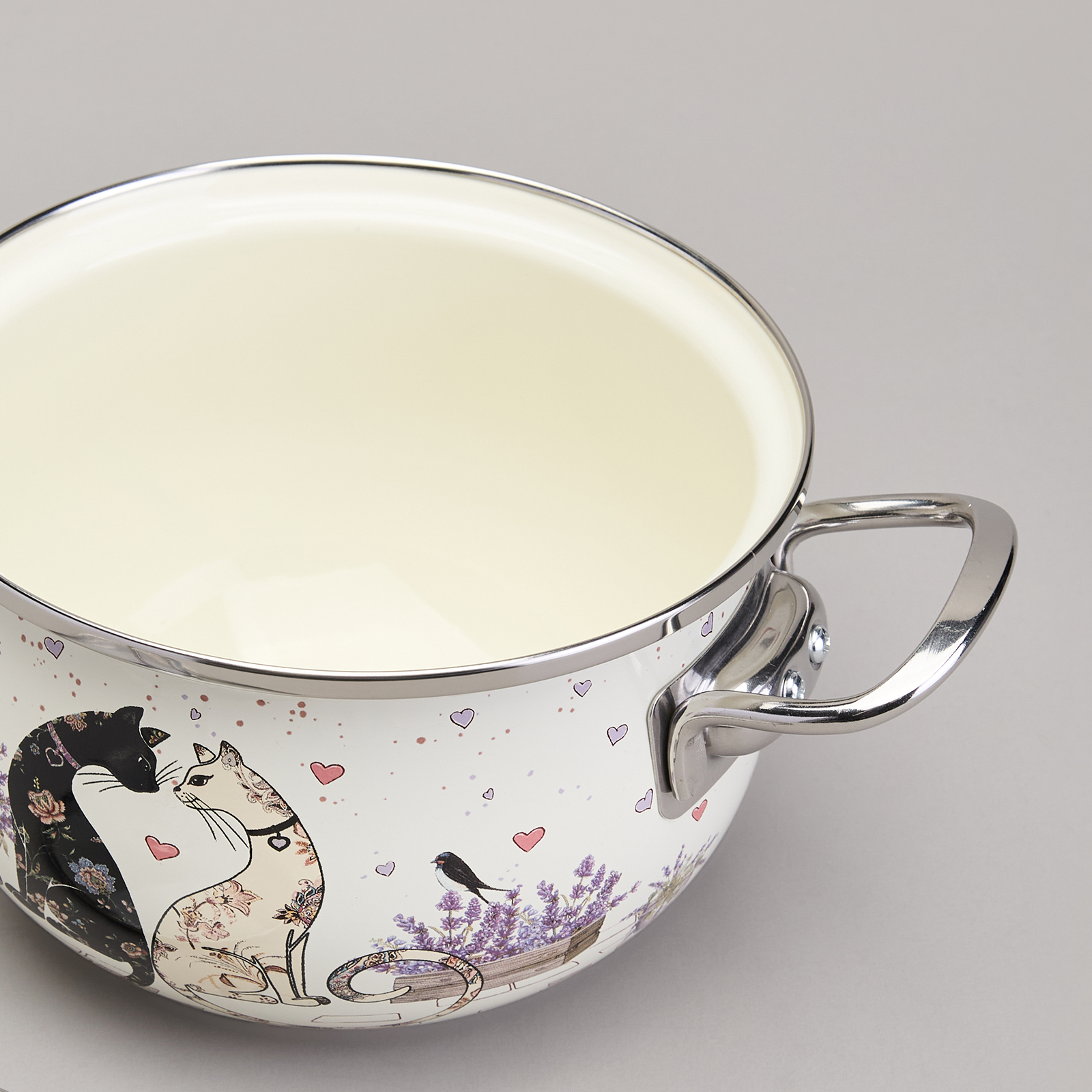 КАСТРЮЛЯ AGNESS ЭМАЛИРОВАННАЯ СО СТЕКЛЯННОЙ КРЫШКОЙ СЕРИЯ, LAVANDER CATS,  2, 0 Л ДИА. 18СМ