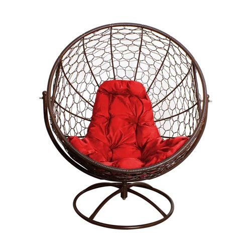 Вращающееся кресло ГАГАРИН с ротангом, коричневое, красная подушка