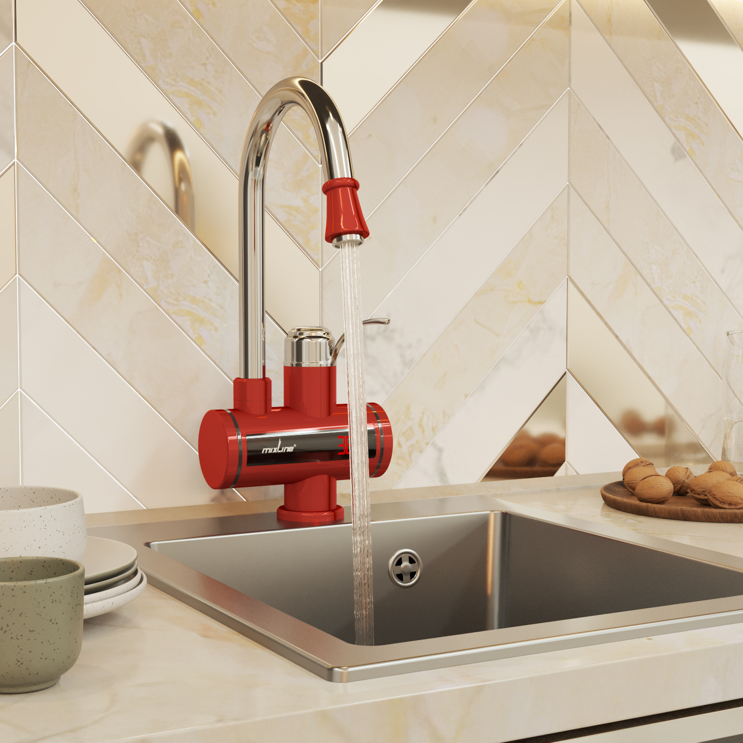 Проточный водонагреватель WH-003 RED, 3, 3 кВт, УЗО, кухня, индикатор темп MIXLINE