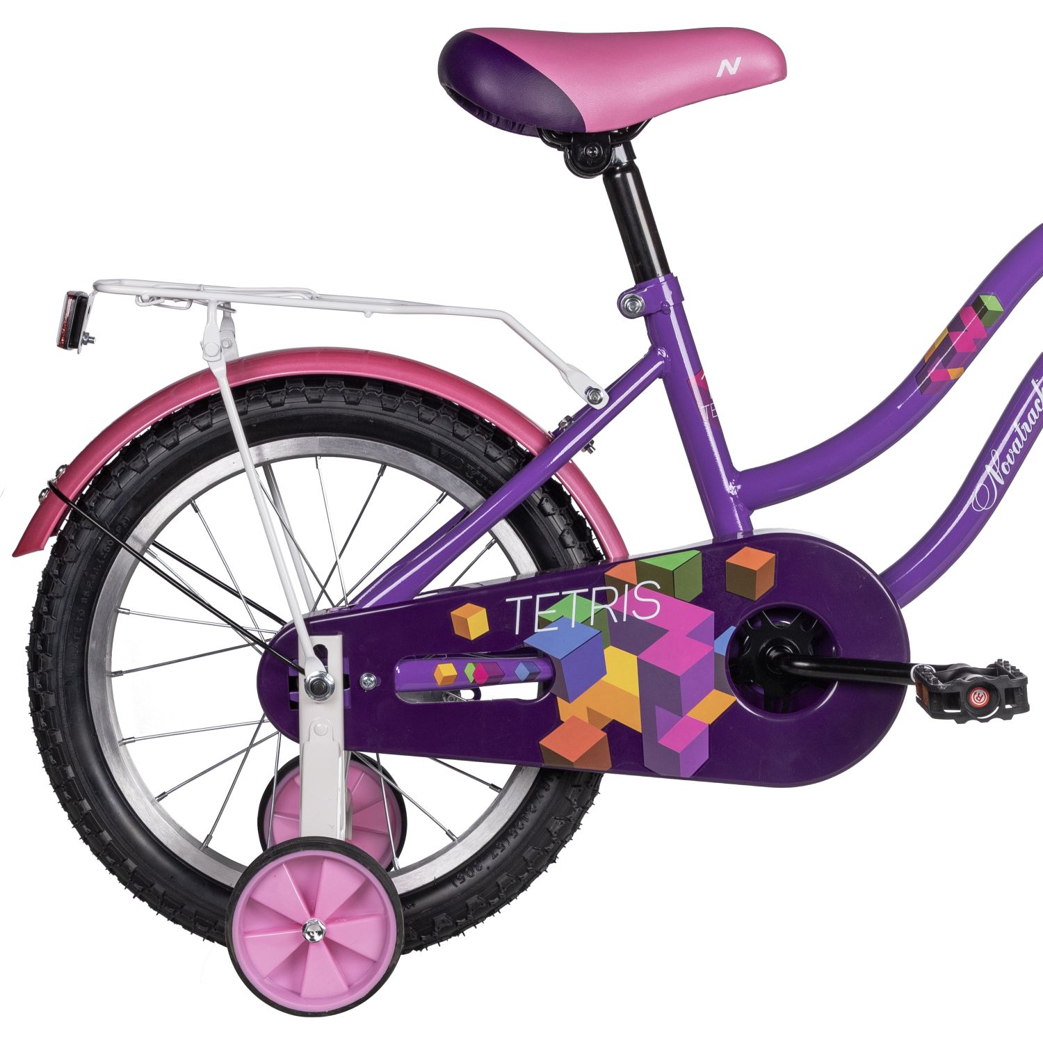 Велосипед NOVATRACK 16, TETRIS фиолетовый, тормоз нож, крылья цвет, багажник, корзина, полная защ.це