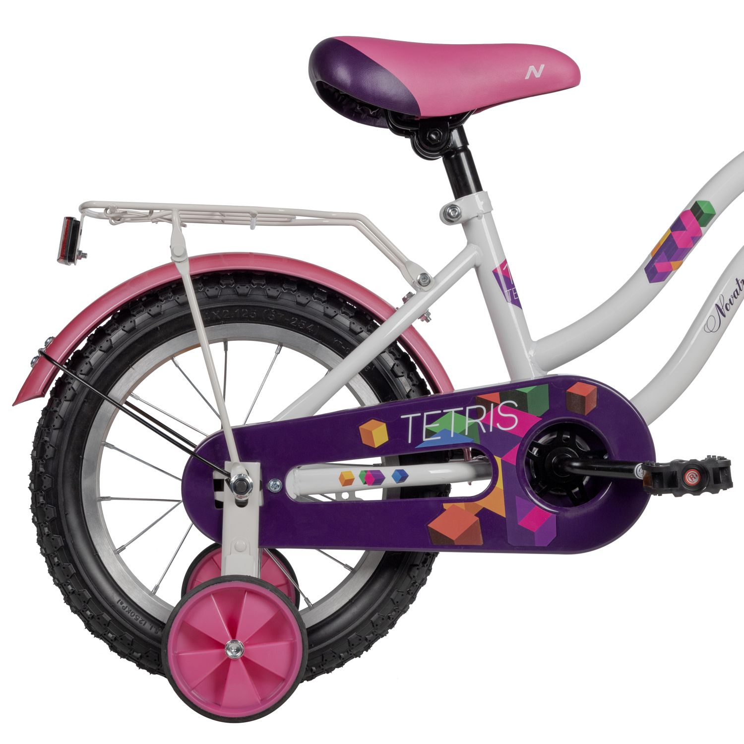 Велосипед NOVATRACK 14, TETRIS белый, тормоз нож, крылья цвет, багажник, корзина, полная защ.цепи