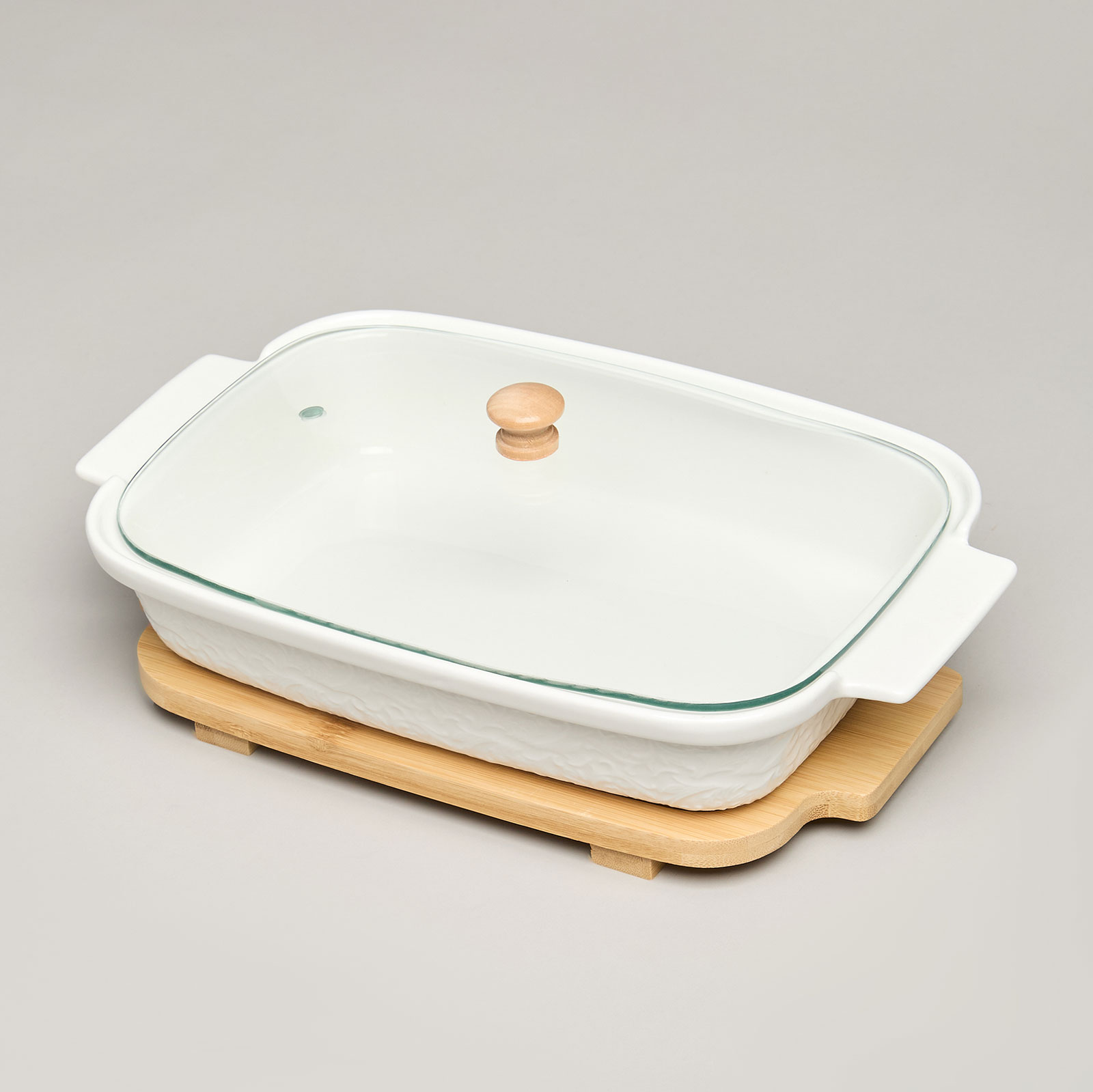 БЛЮДО ДЛЯ ВЫПЕКАНИЯ И СЕРВИРОВКИ LEFARD "MUSE" СО СТЕКЛ.КРЫШКОЙ НА ДЕР.ПОДСТАВКЕ 27,5*17*9СМ 900МЛ