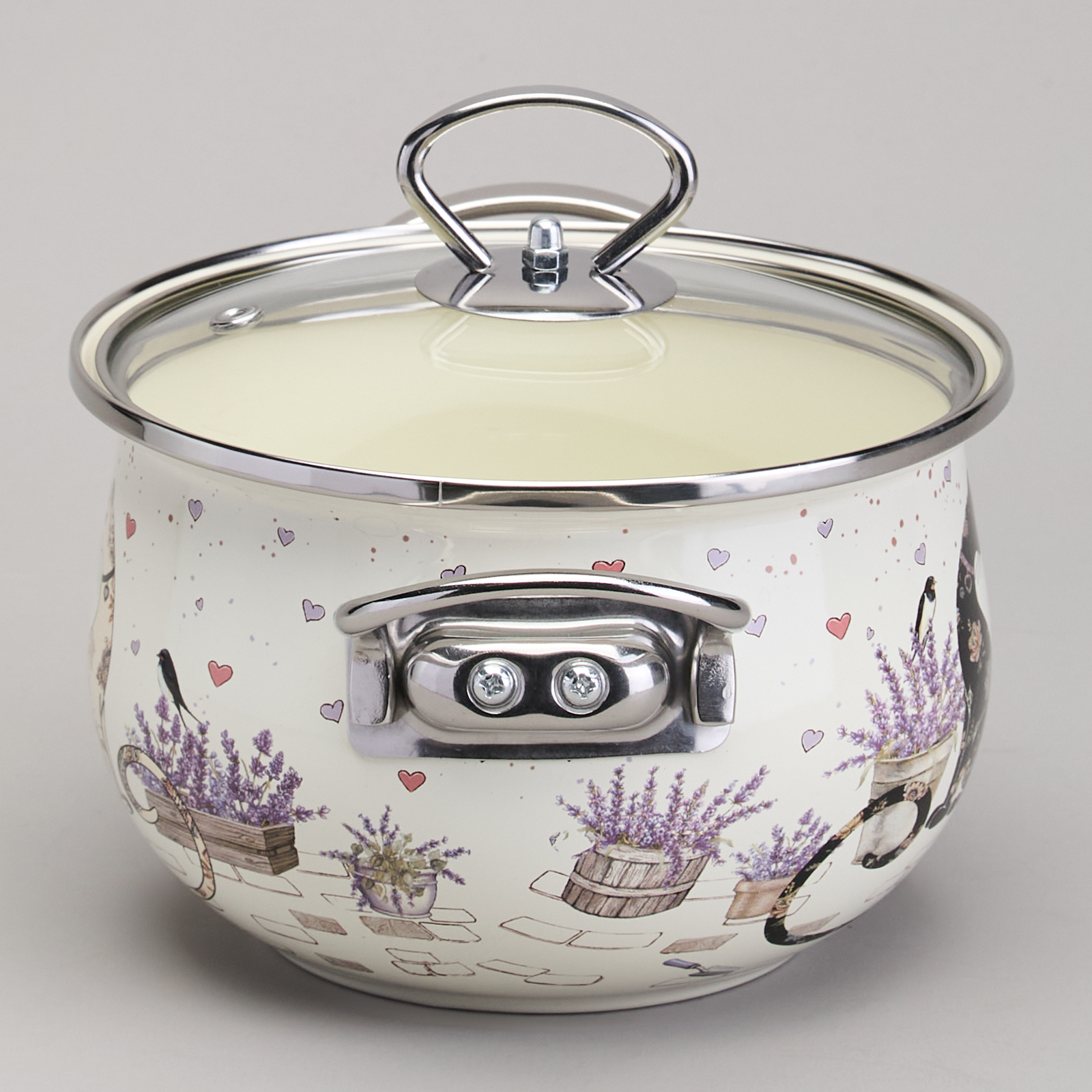 КАСТРЮЛЯ AGNESS ЭМАЛИРОВАННАЯ СО СТЕКЛЯННОЙ КРЫШКОЙ СЕРИЯ, LAVANDER CATS,  2, 0 Л ДИА. 18СМ