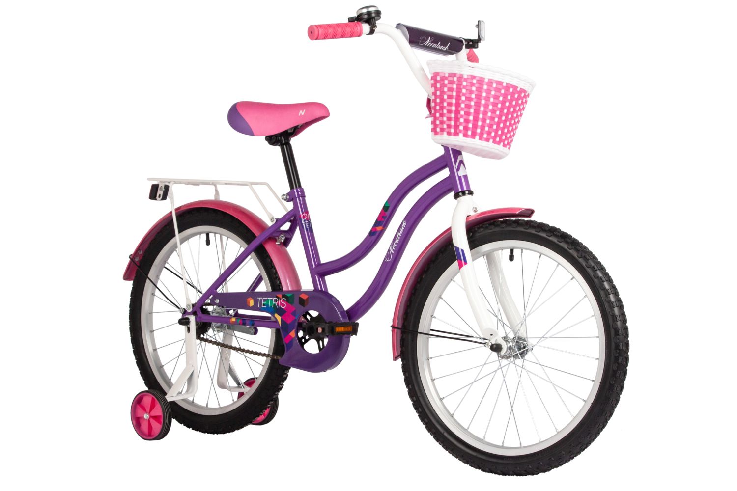 Велосипед NOVATRACK 20, TETRIS фиолетовый, тормоз нож, крылья цвет, багажник, корзина, защ.це