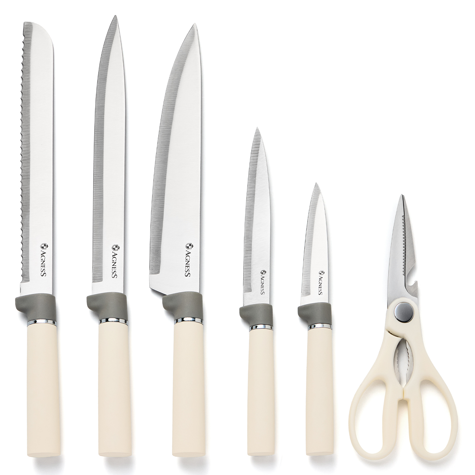 НАБОР AGNESS ИЗ 11ПР: 5 НОЖЕЙ,ПОЛОВНИК,ЛОПАТКА,ШУМОВКА,ПОДСТАВКА,НОЖЕТОЧКА,НОЖНИЦЫ, ЦВЕТ:БЕЛЫЙ/СЕРЫЙ