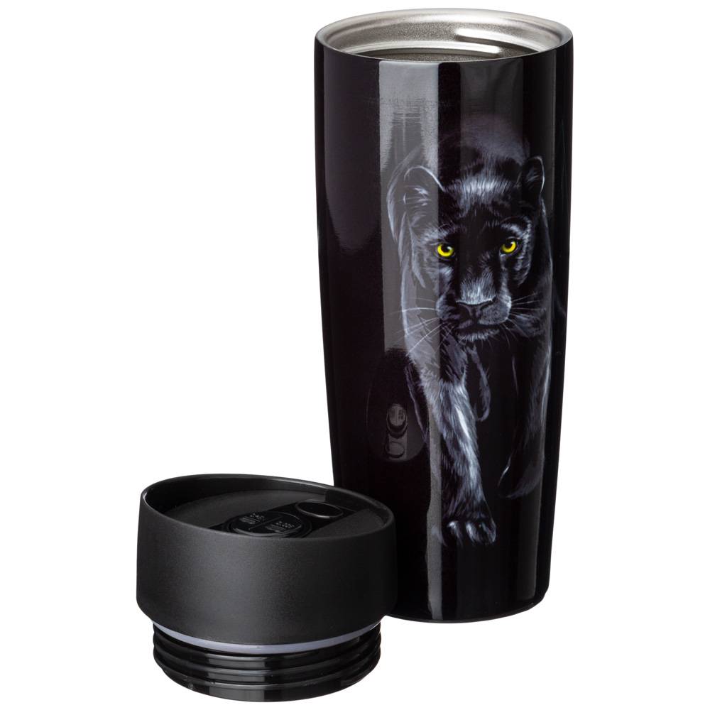 ТЕРМОКРУЖКА AGNESS, ЧЕРНАЯ ПАНТЕРА, С КНОПКОЙ-СТОППЕРОМ, 360МЛ КОЛБА НЕРЖ.СТАЛЬ