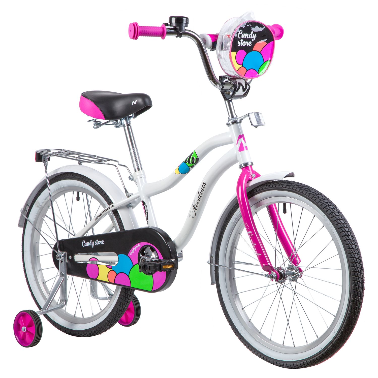 Велосипед NOVATRACK 20,  CANDY, белый, полная защита цепи, тормоз нож., сумочка на руль, крылья и ба