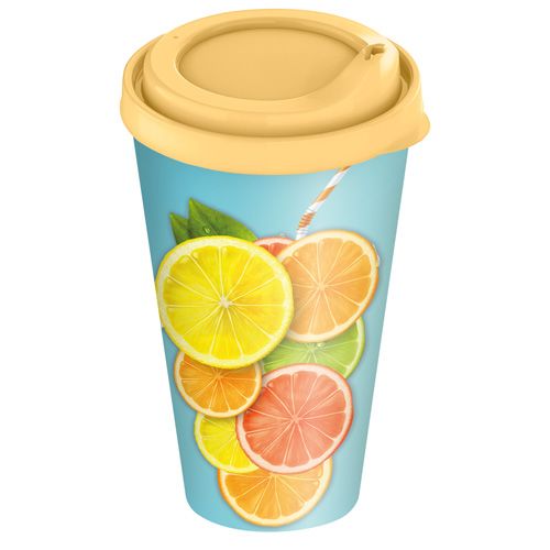 Стакан с крышкой 550 мл Homver 223127304/01, с декором Солнечное настроение бледно-желтый