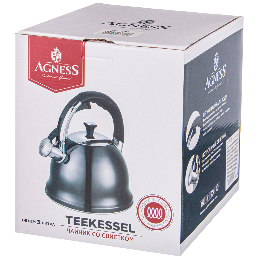 ЧАЙНИК AGNESS СО СВИСТКОМ 3, 0 Л НЖС, ТЕРМОАККУМУЛИРУЮЩЕЕ ДНО, ИНДУКЦИЯ, КОР=12ШТ