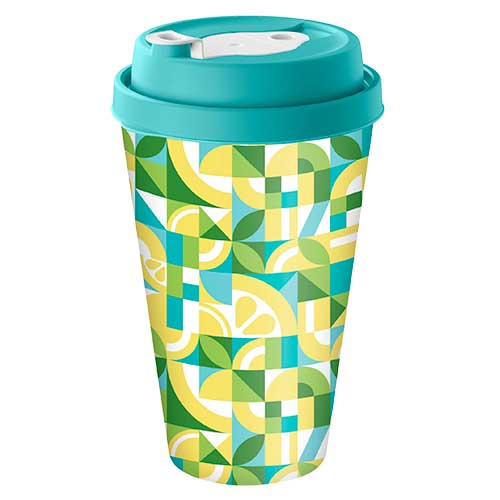 Стакан с крышкой 550 мл Homver 223112418/05, с декором Sicily Lemon, с клапаном, зеленый