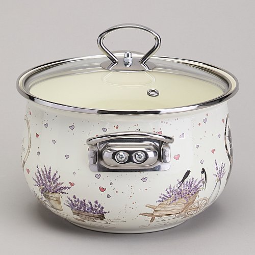 КАСТРЮЛЯ AGNESS ЭМАЛИРОВАННАЯ СО СТЕКЛЯННОЙ КРЫШКОЙ СЕРИЯ, LAVANDER CATS,  2, 8 Л ДИА. 20СМ