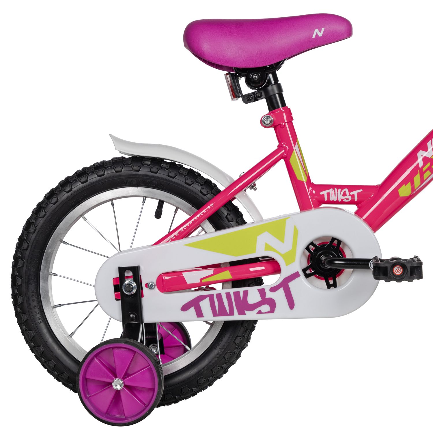 Велосипед NOVATRACK 14, TWIST розовый, тормоз нож, крылья корот, полная защ.цепи, корзина