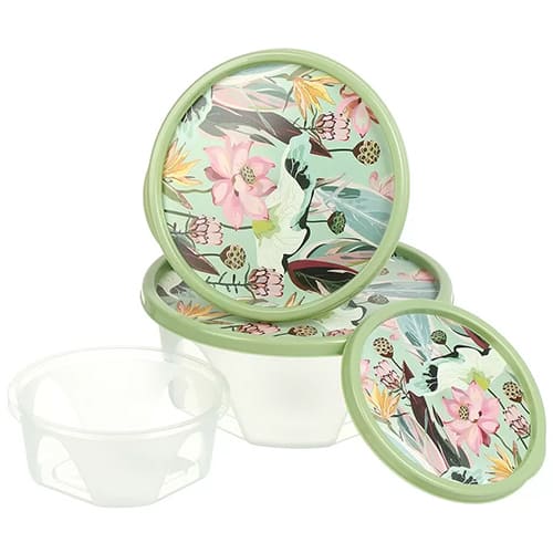 Контейнер для продуктов, 0,4л+0,85л+1,4л, круглый 3шт с декором, зеленый, 1/24