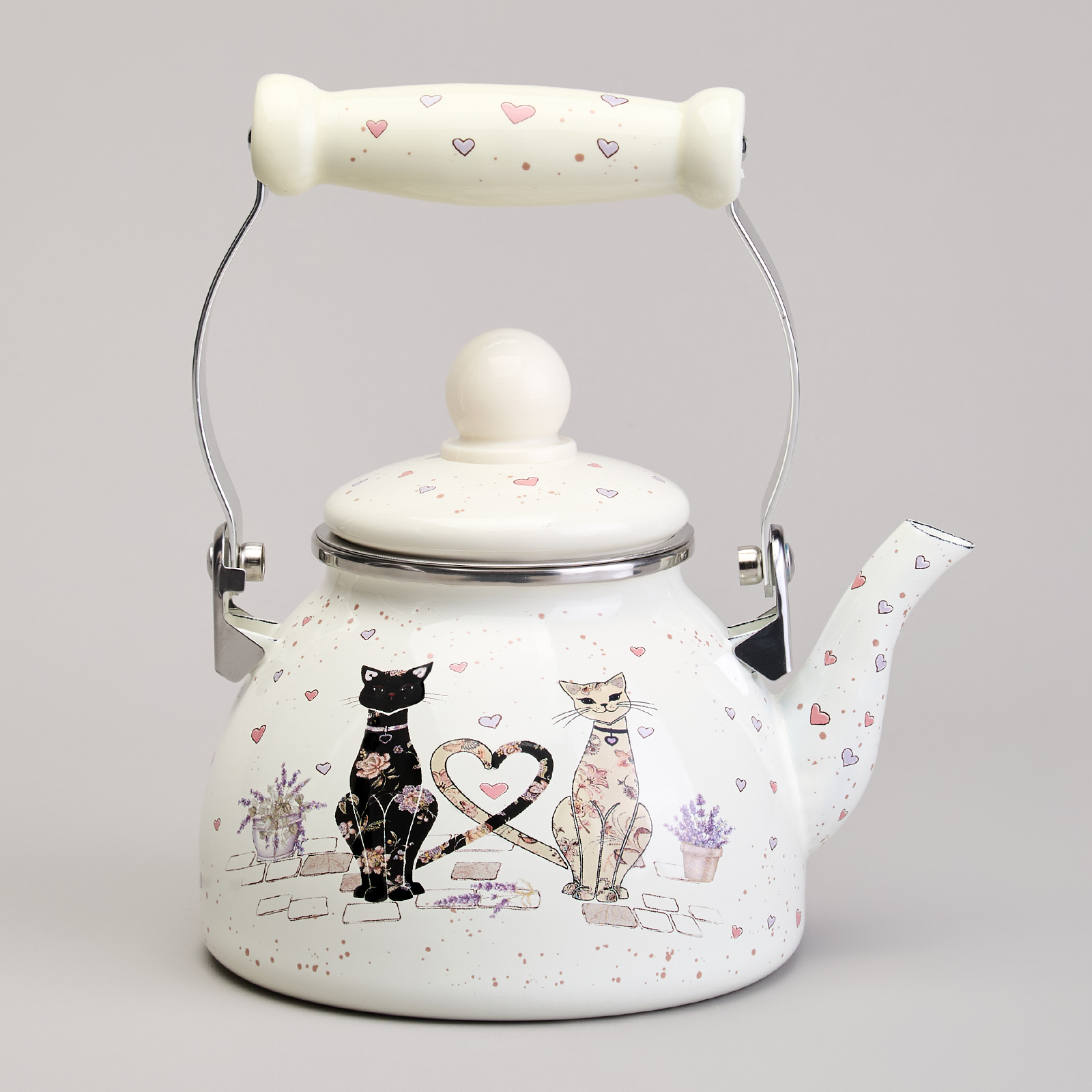 ЧАЙНИК AGNESS ЭМАЛИРОВАННЫЙ СО СЪЕМНЫМ ФИЛЬТРОМ ИЗ НЖС СЕРИЯ, LAVANDER CATS,  1, 1 Л