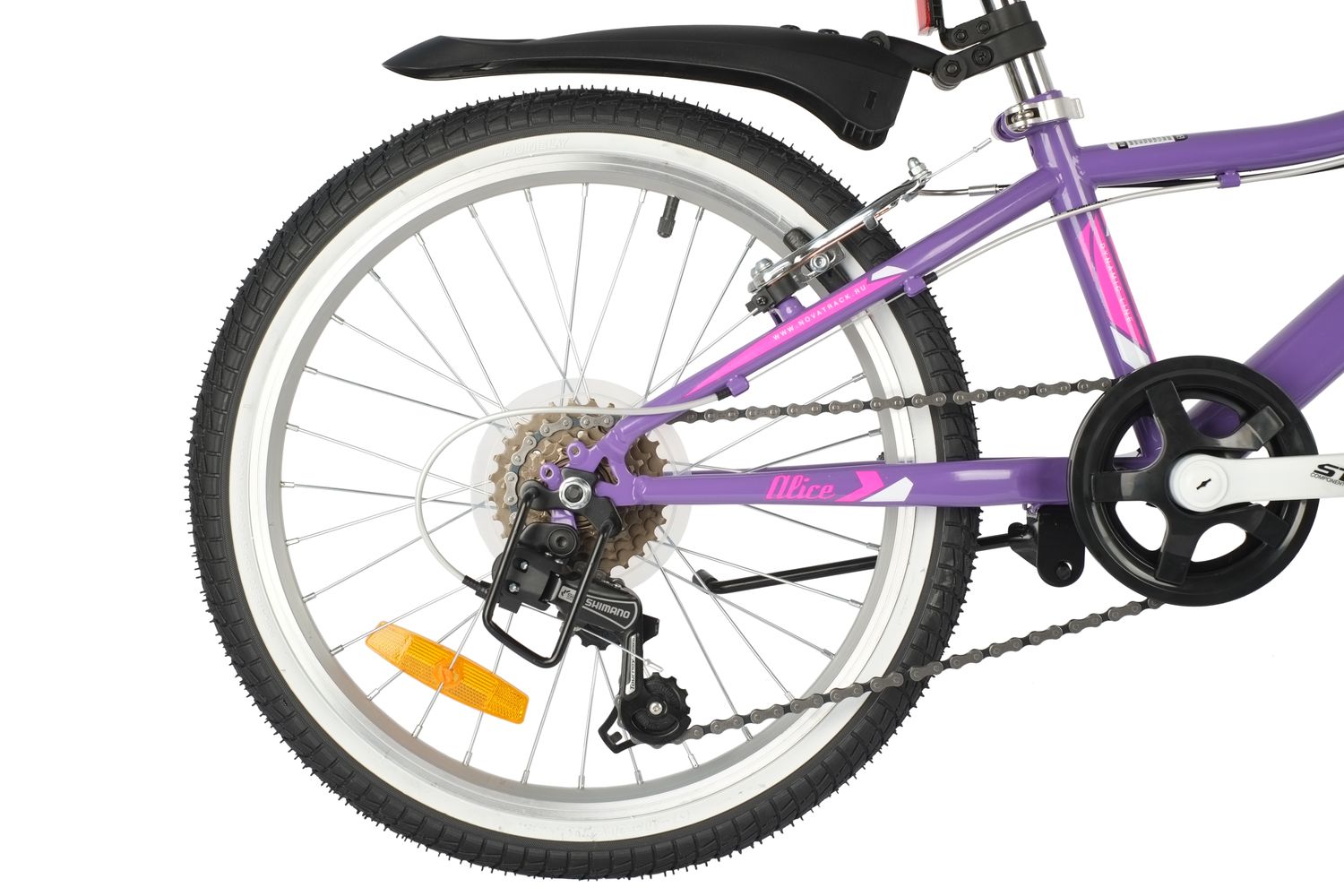 Велосипед NOVATRACK 20, ALICE фиолетовый,   стальная рама, 6 скор., Shimano TY21/Microshift TS38, V-