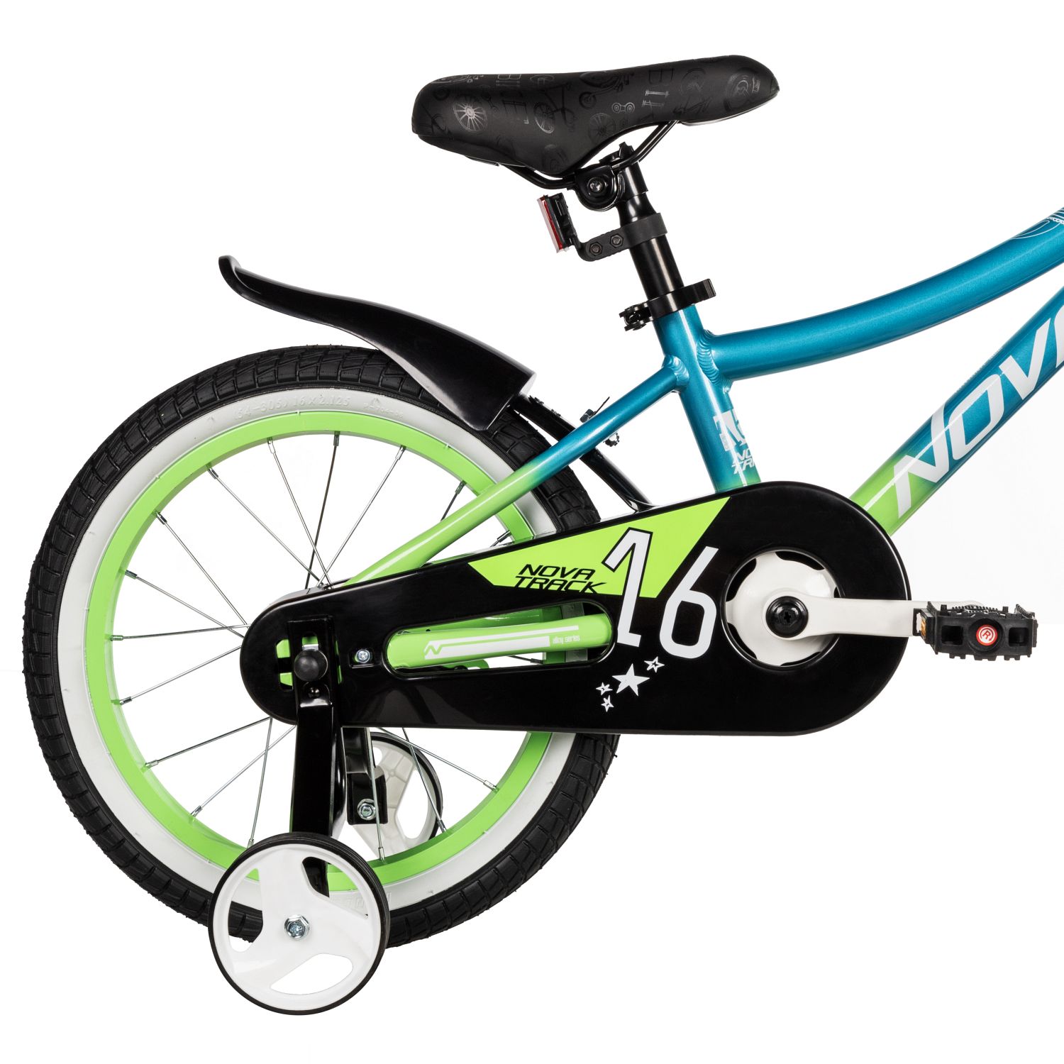 Велосипед NOVATRACK 16, KATRINA алюм., голубой-салатов, полная защ.цепи, пер.руч., зад.нож. тормоз, к