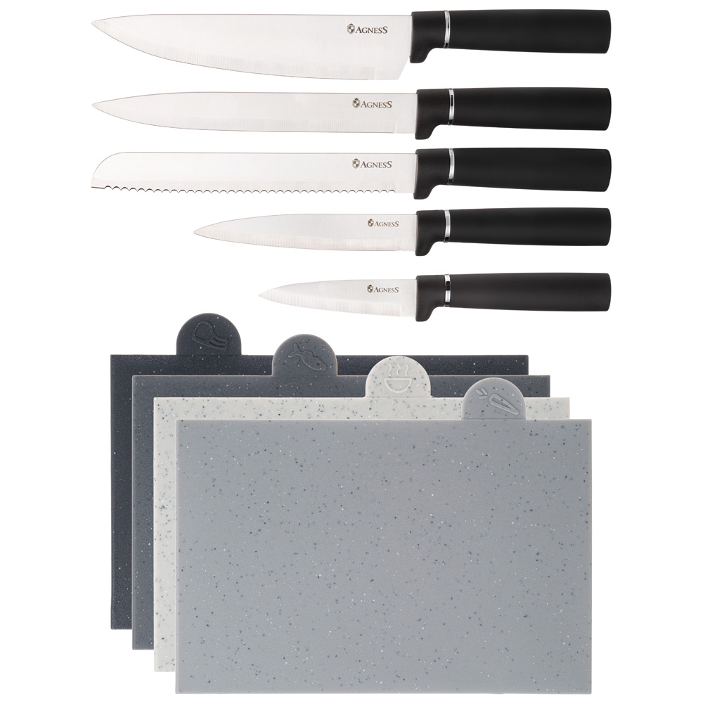 НАБОР ИЗ 10ПР: 5 НОЖЕЙ, 4 ДОСКИ И ПОДСТАВКА ЦВЕТ ЧЕРНЫЙ AGNESS