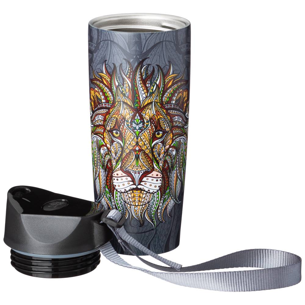 ТЕРМОКРУЖКА AGNESS, ЛЕВ, С КНОПКОЙ-СТОППЕРОМ, 380МЛ КОЛБА НЕРЖ.СТАЛЬ