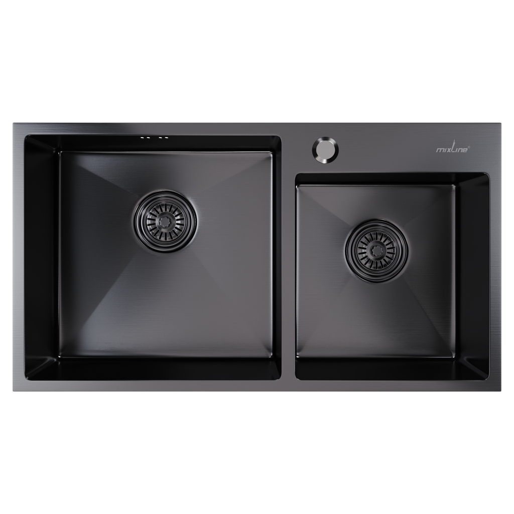 Мойка настол.монтаж 72х40, 3, 0 2-х ЧАШЕВАЯ вып 3 1/2 MIXLINE PRO 22см с сифоном, черный графит