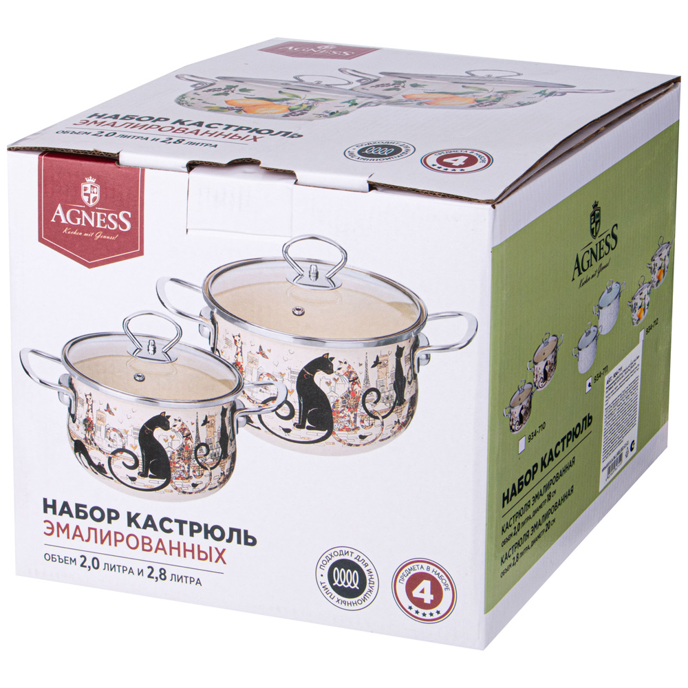 НАБОР КАСТРЮЛЬ AGNESS ЭМАЛИРОВАННЫХ СЕРИЯ, ПАРИЖСКИЕ КОТЫ, 4ПР. 2, 0Л И 2, 8Л, 18Х11СМ, 20Х12СМ