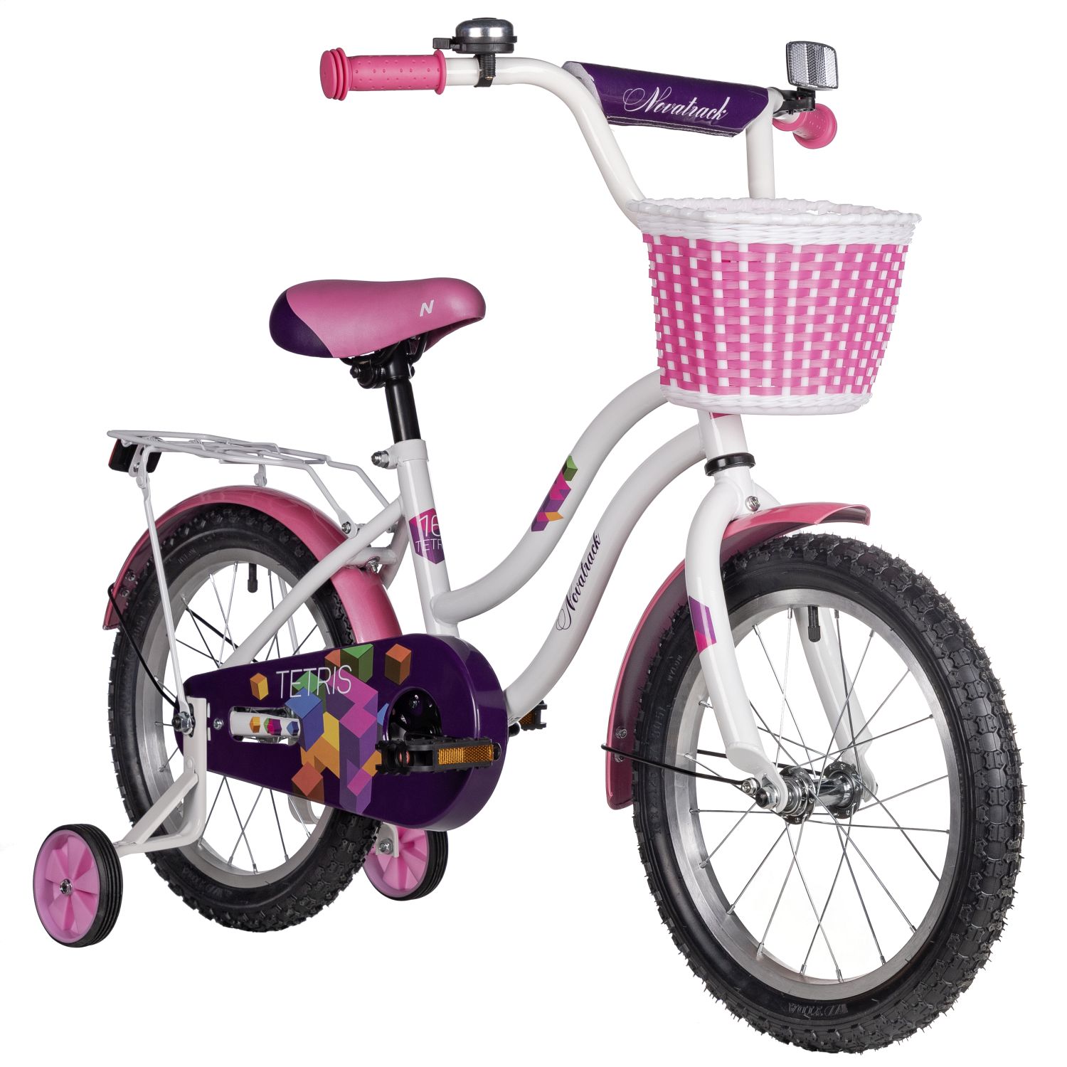 Велосипед NOVATRACK 16, TETRIS белый, тормоз нож, крылья цвет, багажник, корзина, полная защ.цепи