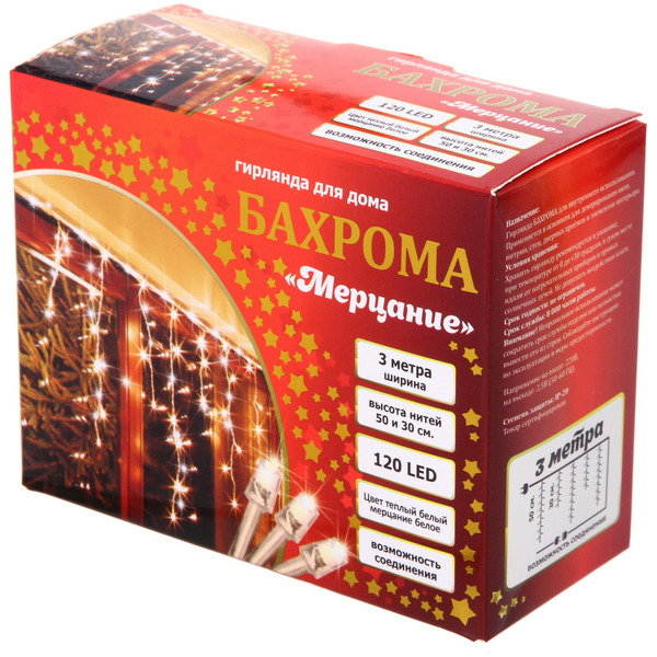 Гирлянда для дома БАХРОМА "Мерцание"ш3м*в30/50см 120ламп LED,прозрачн.провод, авторежим,IP-20, Теплый белый/Белое мерцание (возможность соединения)