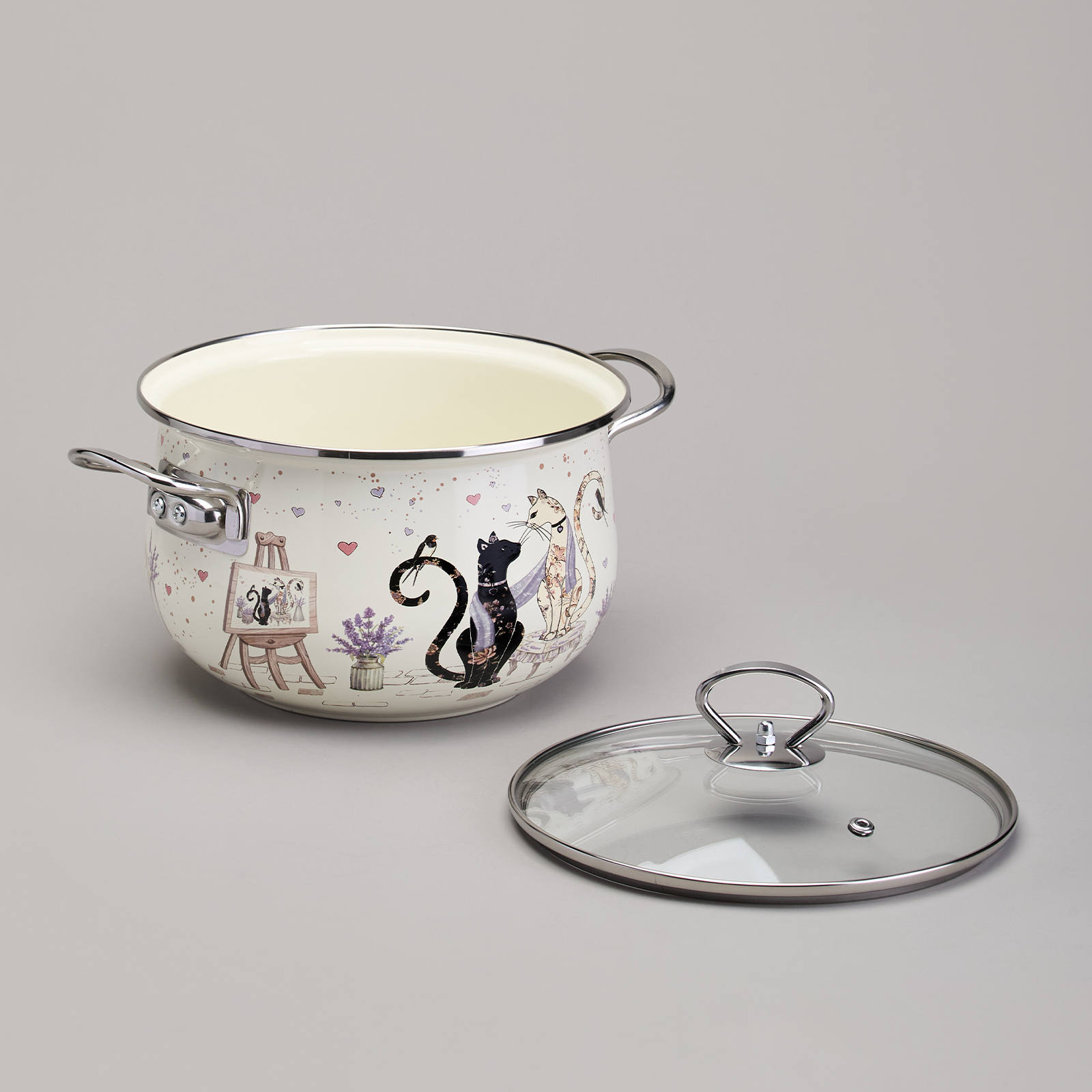 КАСТРЮЛЯ AGNESS ЭМАЛИРОВАННАЯ СО СТЕКЛЯННОЙ КРЫШКОЙ СЕРИЯ, LAVANDER CATS,  3, 8 Л ДИА. 22СМ
