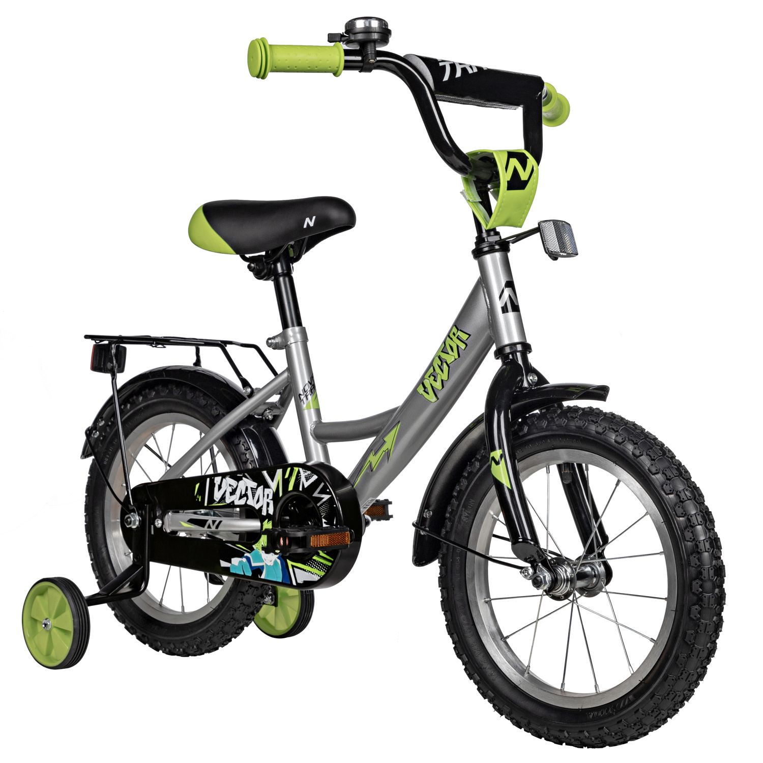 Велосипед NOVATRACK 14, VECTOR серебристый, тормоз нож, крылья, багажник, полная защ.цепи