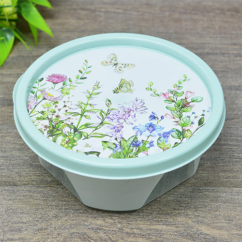 Контейнер для продуктов круглый 0.4 л Homver 223110617/01, с декором Цветущий луг, светло-зеленый