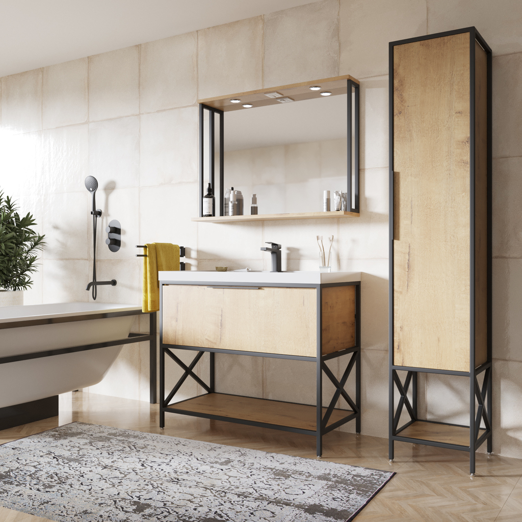 Тумба д/ванной, БРУКЛИН-100,  ОТДЕЛЬНО ПРИОБРЕТАЕТСЯ РАКОВИНА Дуб Бунратти под раковину Фостер 100, Kirovit ЛОФТ, ЛДСП, раковина в комплект не входит